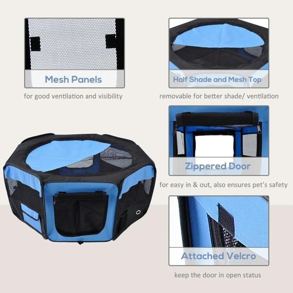 Blue and black pet playpen with removable top cover, zippered door, mesh panels