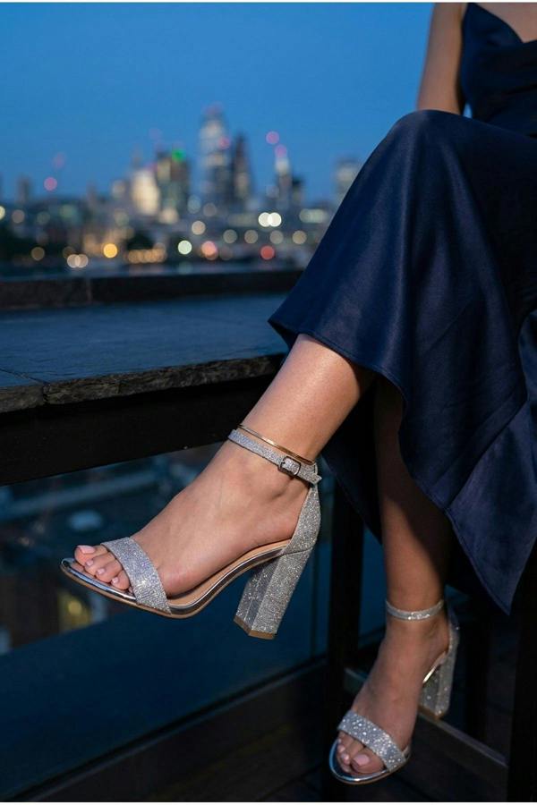 Odette Glittery Block Heel Ankle Sandals - Silver