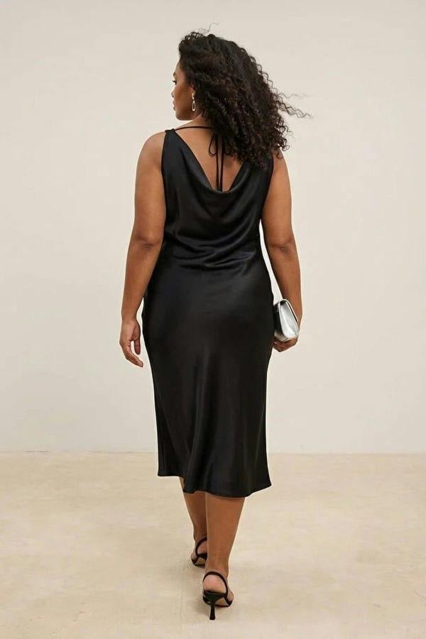 WOVCOR Midi V-Neck Satin Woven Plus Size Dress
