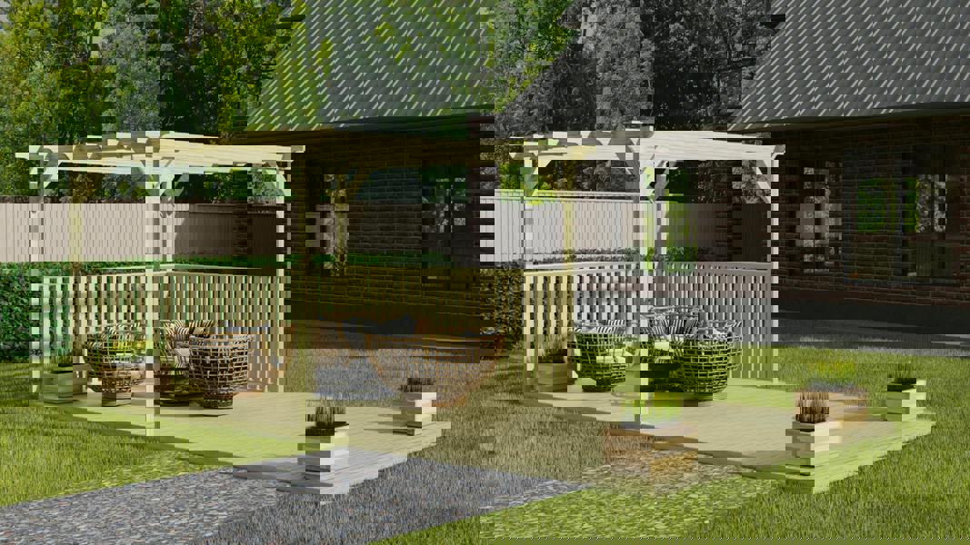 Rectangular pergola and decking kit with balustrade, made from pressure treated timber and high quality pergola posts, featuring a raised wooden deck, vertical slatted balustrade, and an open pergola roof frame.