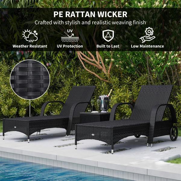Black rattan sun lounger set with white cushions, outdoor deck by pool