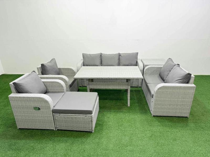 Fimous PE Rattan Garden Furniture Set, Reclining Sofa, Double Love Seat, 2 Seater Lounge, Dining Table, Big Footstool, Side Table, Light Grey