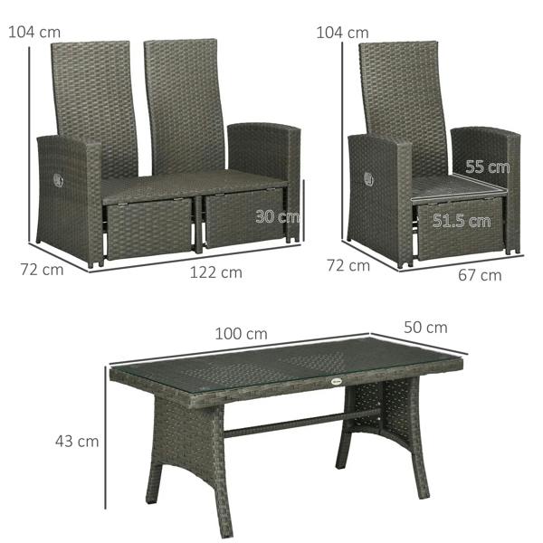 Grey outdoor rattan seating set with dimensions shown for chairs and glass-top table