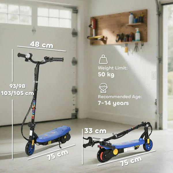 Blue foldable electric kids scooter with black frame, side view and size markers