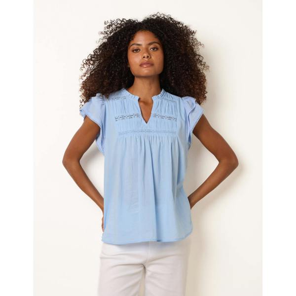 Blue Vanilla Cotton Embroidery Detail Ruffle Sleeve Top