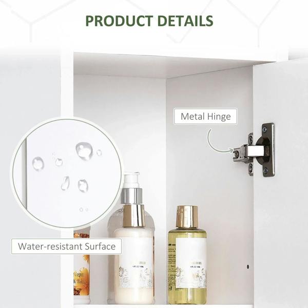 White cabinet door with metal hinge and water-resistant interior shelf for bottles.