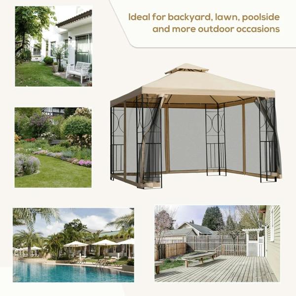 Sand double-roof gazebo with black steel frame and netted curtains