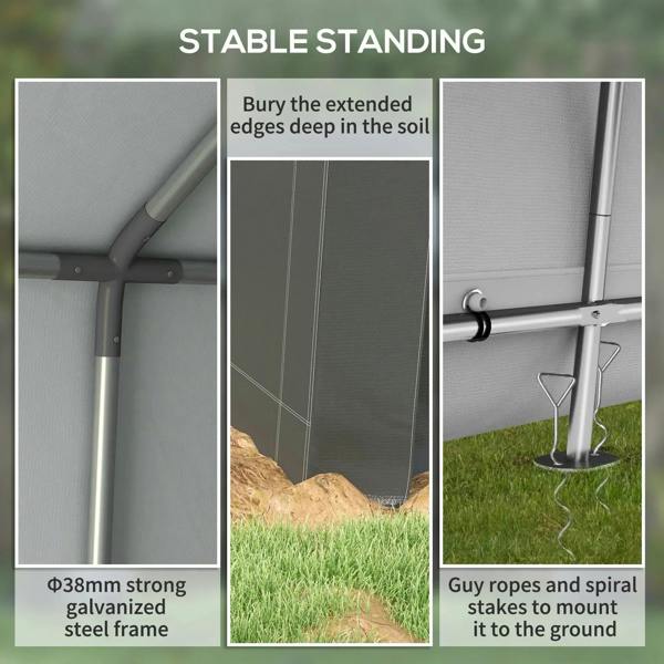 Dark grey storage tent shed with stable steel frame and guy ropes