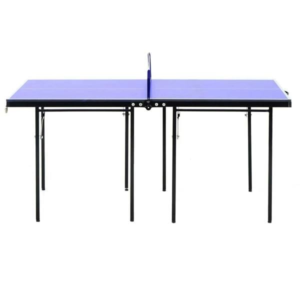 Folding mini table tennis table with blue playing surface, net, and black support legs