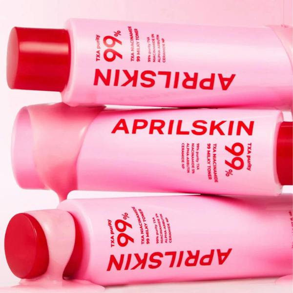 Luxurious milky texture of APRILSKIN TXA Toner – Deeply hydrating cream-toner hybrid for a soft, radiant "Glass Skin" finish at Atelier De Glow UK.