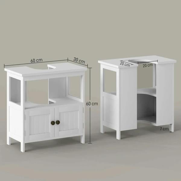White under-sink pedestal cabinet with open shelves and double doors, size view