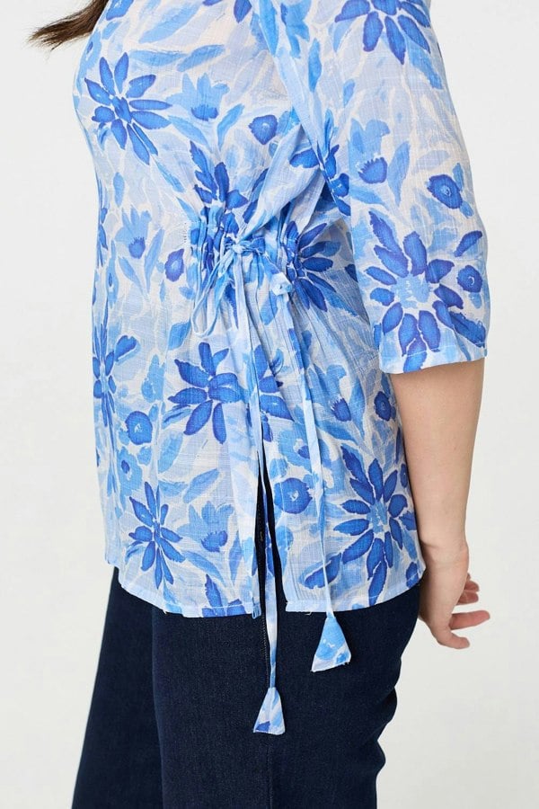 Blue | Floral 3/4 Sleeve Tie Detail Blouse
