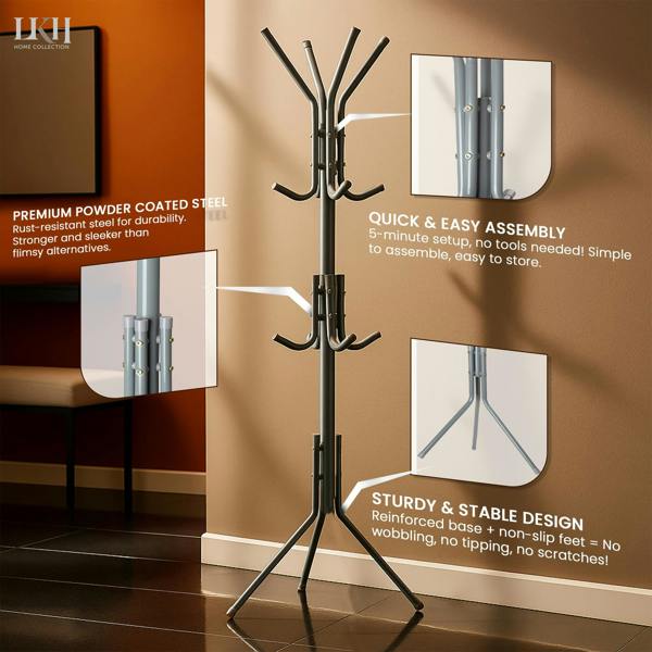 LKH HOME COLLECTION LKH Coat Rack Stand 170cm Steel Hat Stand Coat Stands with 12 Hooks–Clothes Hanger-Jackets,Hats,Scarves,Bags&Non-Slip Feet