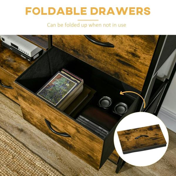 Open drawer with foldable fabric sides inside a rustic brown storage cabinet