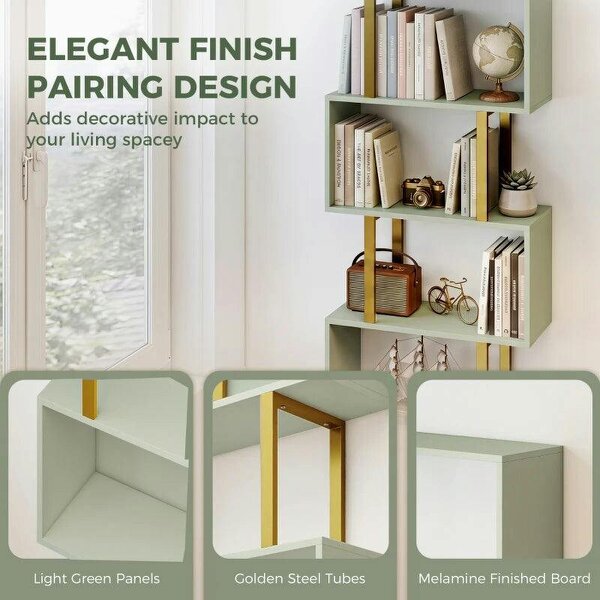 S-Shaped Bookshelf, 6-Tier Bookcase, Freestanding Storage Shelves with Anti-Tip Strap for Living Room, Light Green