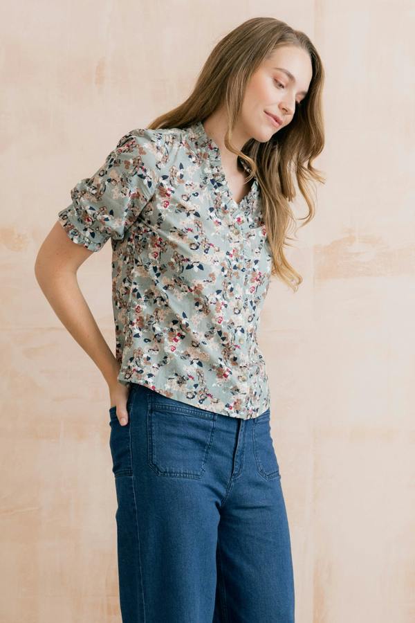 Lily & Me Wren Printed Frill Blouse Ocean