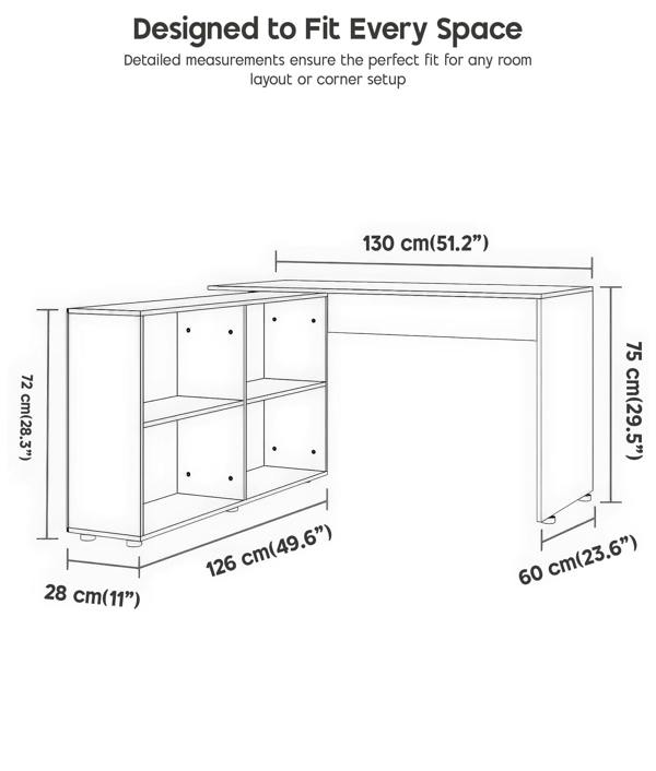 ADOV L Shaped Computer Desk with Storage Shelves, 130 x 60 x 75cm Corner Desk for Home Office