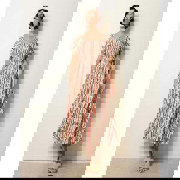 Blue Vanilla Short Sleeve Shirred Waist Abstract Print Dress