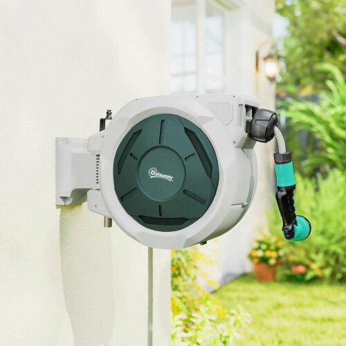 Bobobiy Retractable Hose Reel Wall Mounted, 30+2m Garden Hose Pipe Reel with Lock, 7 in 1 Spray Nozzle, 180° Swivel, 59 x 23 x 42 cm, Grey