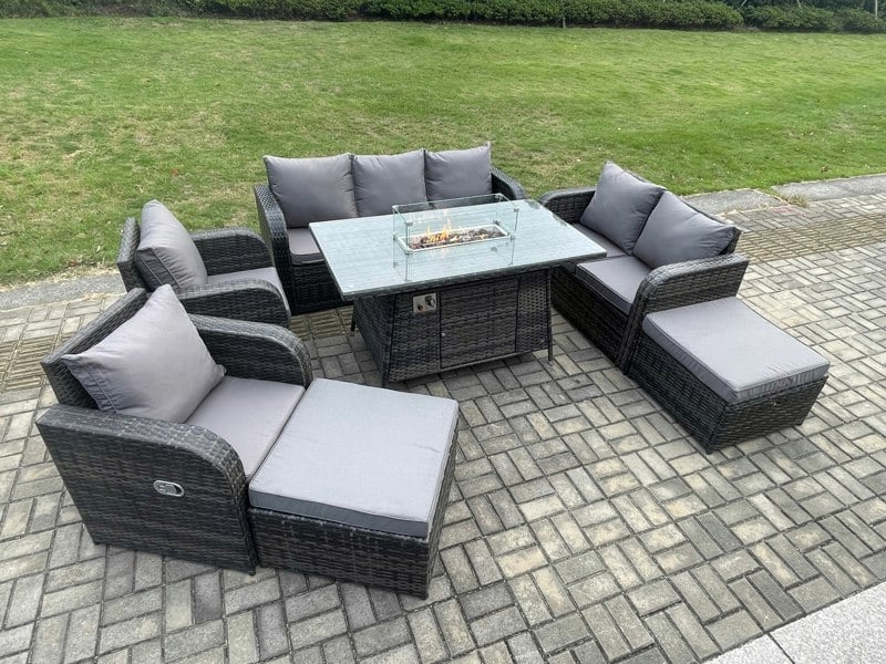 Fimous Garden Patio Furniture Wicker Rattan Gas Fire Pit Table and Sofa Chair set with 2 Big Footstool