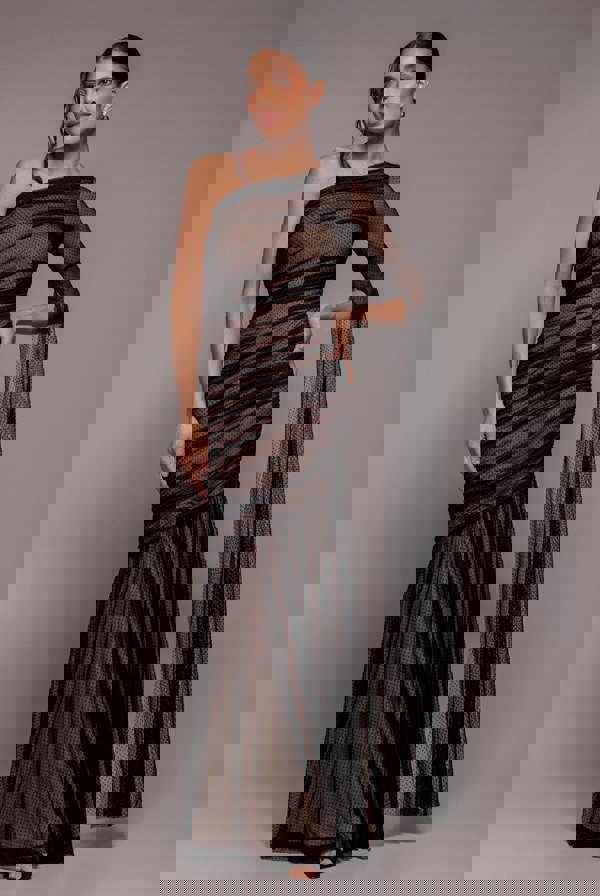 Gathered One Sleeve Angel Wing Mermaid Maxi Dress - Black DR4593