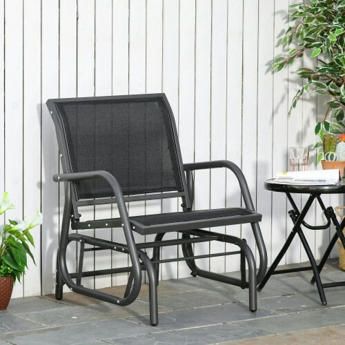Bobobiy Outdoor Garden Glider Chair, Metal Frame Single Armchair Swing Seater with Breath Mesh Fabric Seat, Curved Backrest, Armrests, Dark Grey