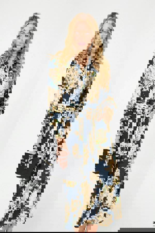 Navy | Floral Print Tie Waist Midi Shirt Dress