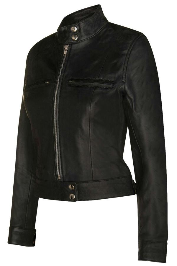 Infinity Leather Womens Plain Leather Moto Biker Jacket-Braga