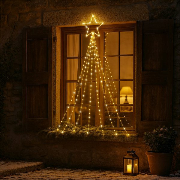 Xmas Haus Waterfall 1.5m 2D Christmas Tree with Warm White LEDs, Star Top, 10% Twinkle, Timer