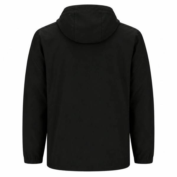 Back view of a plain black Fila Duran over-the-head anorak jacket with a hood and long sleeves.