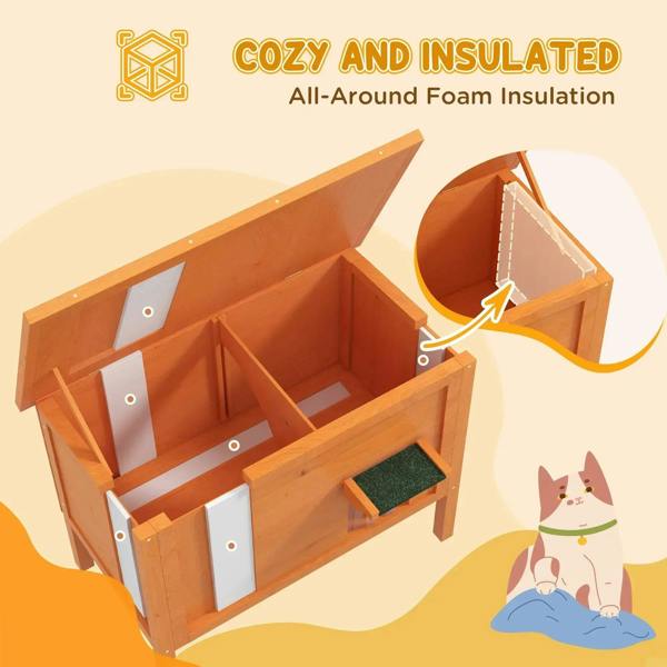 Orange wooden cat house cutaway showing insulated interior and open base area