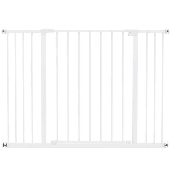 White pet safety pressure gate with vertical bars and wall brackets
