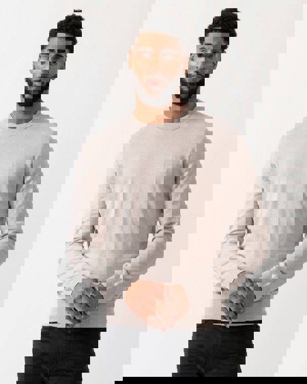 Model wearing a BOSS Orange Kanovano Mens Crew Neck Jumper in Open Grey