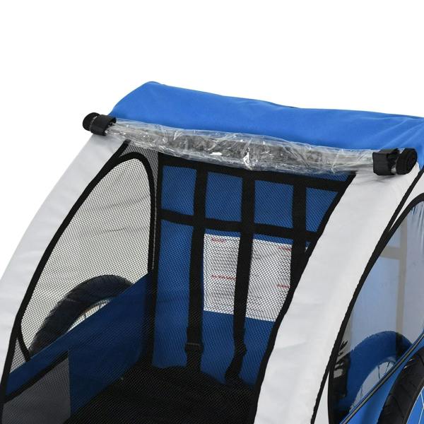 Blue and white two-seat bike trailer mesh window with clear PVC front cover