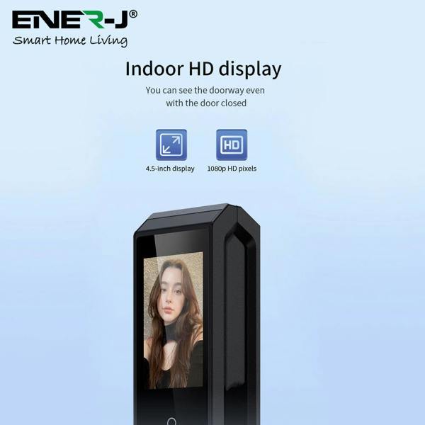 ENER-J Smart Doorlock With Peephole Camera, Works with fingerprint, Passcodes, APP control, RFID Cards & Mechanical Keys, Black housing, IP65