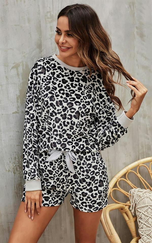 FS Collection Sliver Grey Velour Loungewear Co Ord Set In Black Leopard