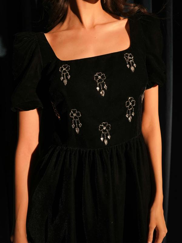 Rose & Nancy Jolene Black Hand Embellished Square Neck Velvet Mini Dress