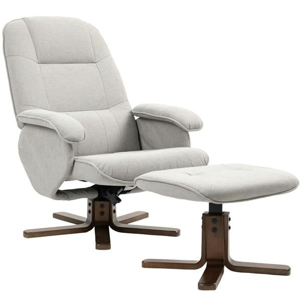 Light grey linen swivel recliner chair with footstool, padded arms, wooden base