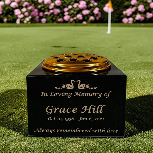 Memorials Direct Granite Memorial Vase with Swan Design 1, Free Personalised Gold Engraving, Solid Granite 6 x 6 x 4 Inches