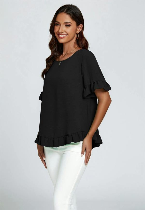 FS Collection Frill Detail Short Sleeves Top In Black