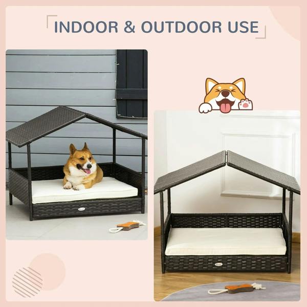 Wicker dog house with canopy, dark woven frame and cream cushion for indoor/outdoor use