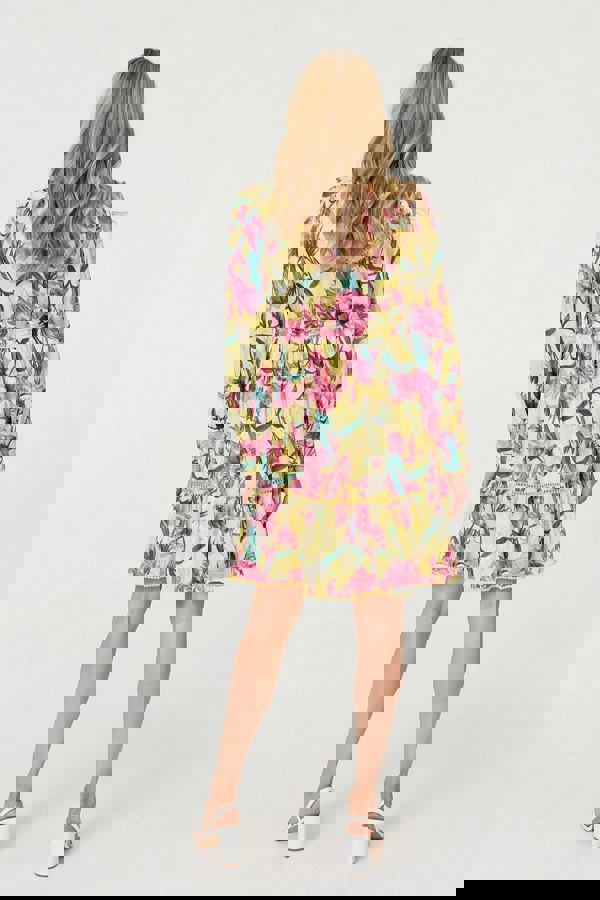 Yellow | Floral High Neck Long Sleeve Short Dress

