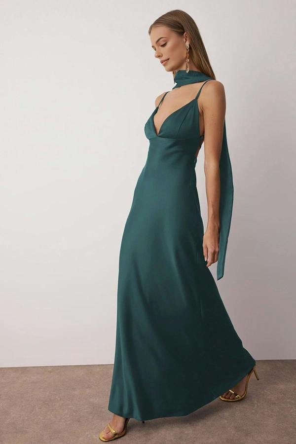 WOVCOR Scarf Detail Satin Maxi Dress with Strappy Design