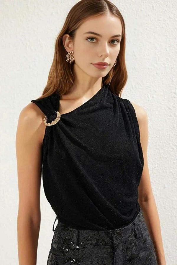 WOVCOR Accessory Detail Snap Button Glitter Knitted Bodysuit