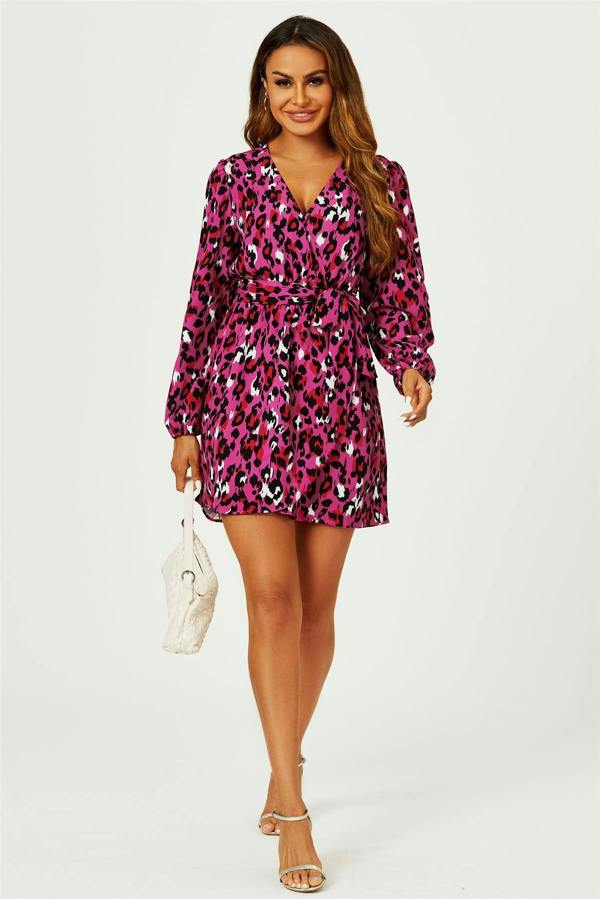 FS Collection Leopard Print Wrap Top Mini Dress In Magenta