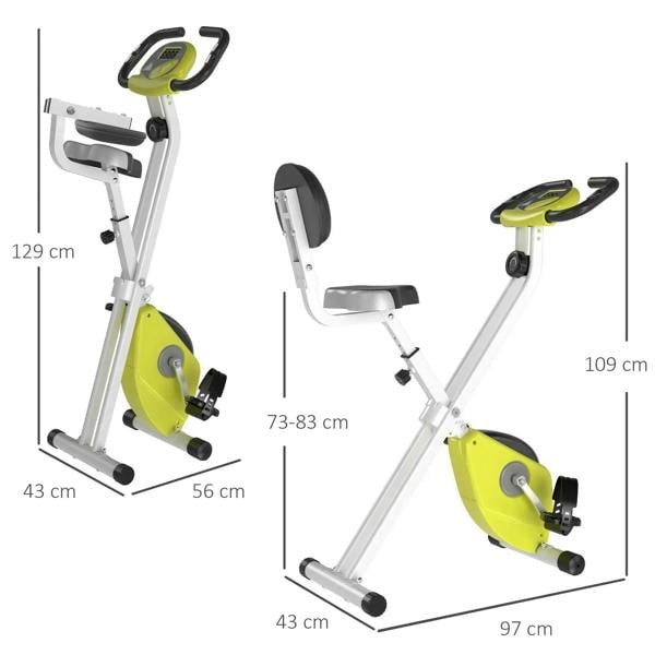 Folding exercise bike with size guide overlay, lime yellow flywheel housing and seat
