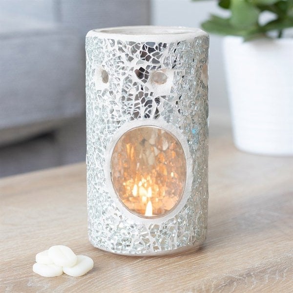 Serano Silver Pillar Crackle Glass Oil Burner and Wax Warmer