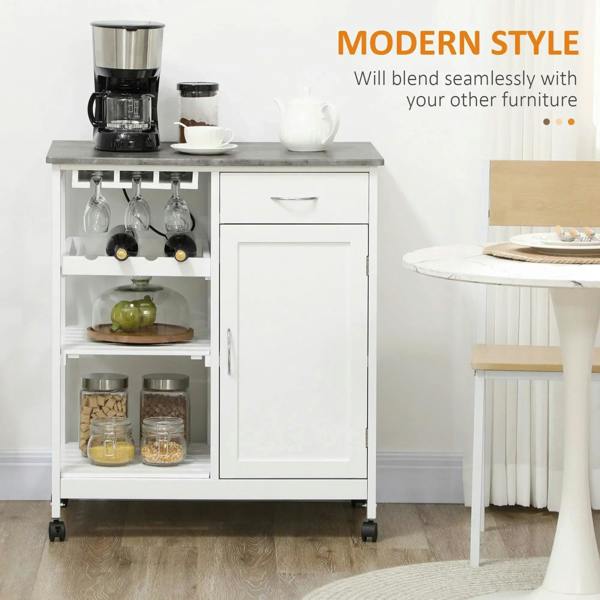 White kitchen trolley cart with open shelves and cabinet doors, holds small countertop items
