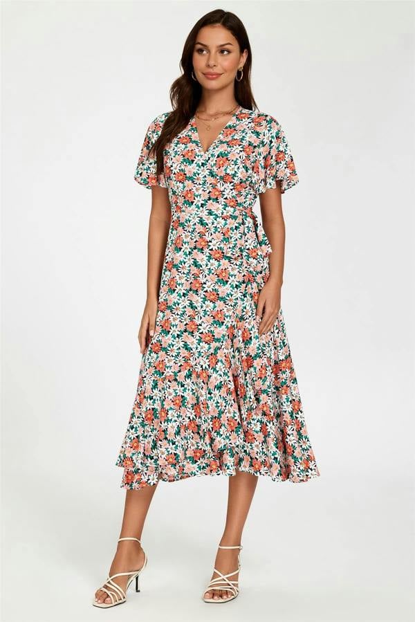 FS Collection Daisy Print Midi Wrap Dress In Pink