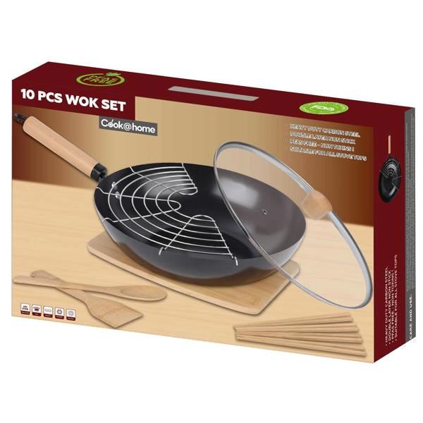 Gr8 Home 10 Pc Carbon Steel Non Stick Wok Pan Gift Set With Lid Utensils Bowls Chopsticks
